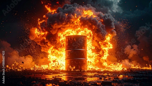 Industrial isolated fuel barrel explosion at midnight on black background