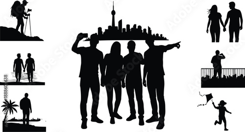 Black Silhouettes of People in Various Outdoor Activities and Cityscape