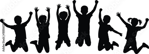 Group of six enthusiastic children silhouettes joyfully jumping into the air together