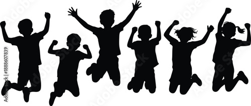 Six lively children in silhouette jump with arms raised expressing pure joy
