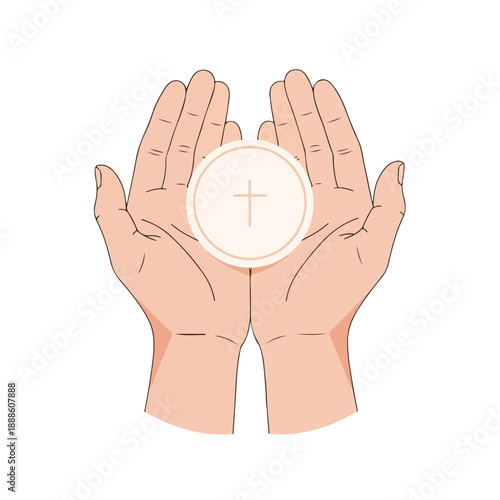 Hands Open Hands Holding Coin with Cross