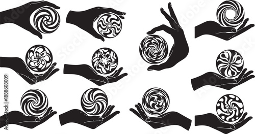 Hands holding swirly lollipops in black and white illustration