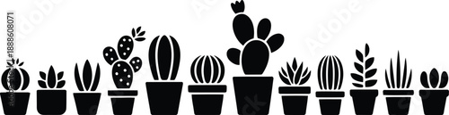 This vibrant display features ten unique black silhouettes of potted cacti and succulent plants in a line