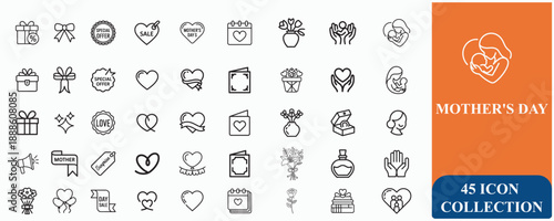 Mother’s Day Line Icon Set – Love, Gift, Flower & Family Icons Collection