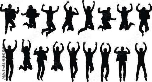 Collection of Black Silhouettes of People Jumping with Arms Raised