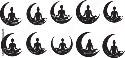 Silhouette of people meditating on crescent moons in space