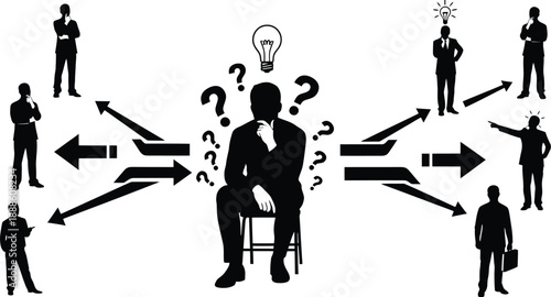 Businessman Silhouette Making Decision with Multiple Options and Lightbulb Idea