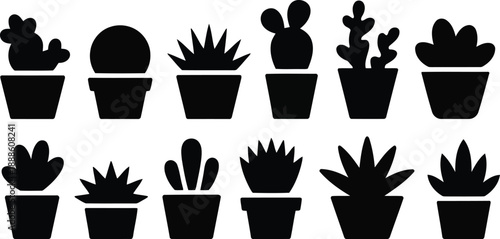 Varied black silhouettes of potted cacti and succulents perfect for home or office decor