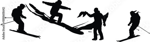 Black Silhouettes of Skiers and Snowboarders on White Background