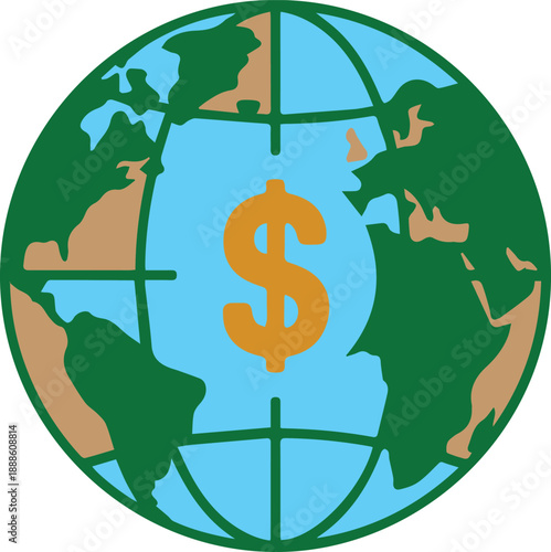 A illustration of a dollar sign on a global earth map representing world economy, business finance, and wealth investment in the global currency market
