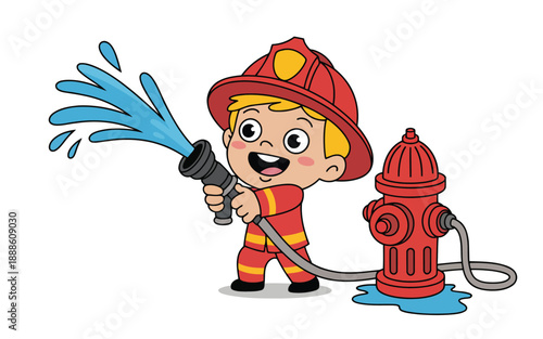 A cheerful young cartoon firefighter character holds a hose spraying water next to a red fire hydrant