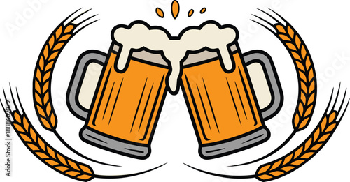 Two overflowing beer mugs clinking together framed by golden wheat stalks a festive illustration