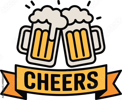 Two mugs of beer clink together above a ribbon displaying the word cheers