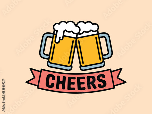 Two mugs of beer clink together above a red ribbon with the word cheers