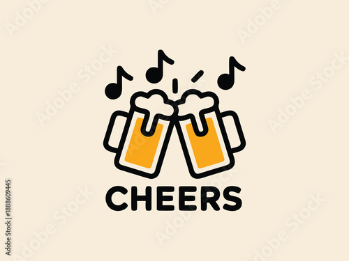 Two glasses of beer clinking together with musical notes and the word cheers