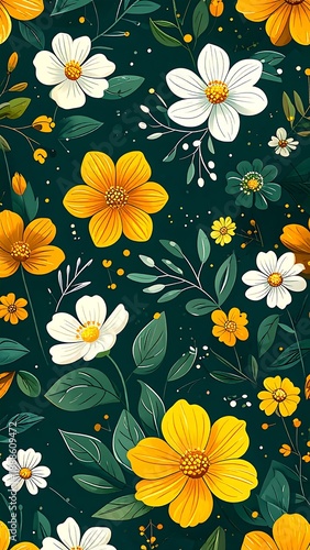 Wallpaper Mural A vibrant floral pattern with white, yellow, and orange flowers on a dark green background Torontodigital.ca