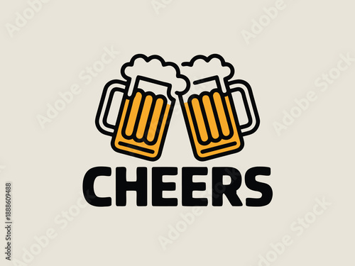 Two mugs of beer clink together in a cheerful illustration with the word cheers