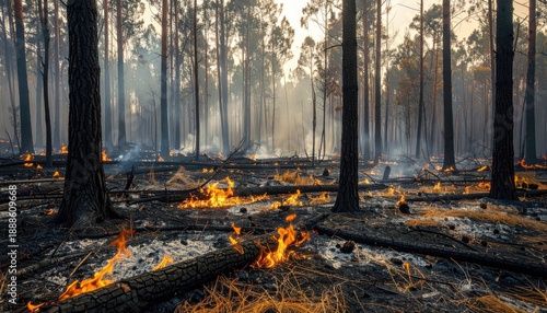 Scorched Forest Landscape With Burning Trees And Ground Fire Aftermath Devastation Of Wildfire Disaster Smoke Haze Against A Dramatic Sky