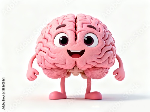 An adorable 3D rendered pink cartoon brain character stands smiling with arms and legs on a clean white background. Perfect for concepts of intelligence, education, mental health, and smart thinking.