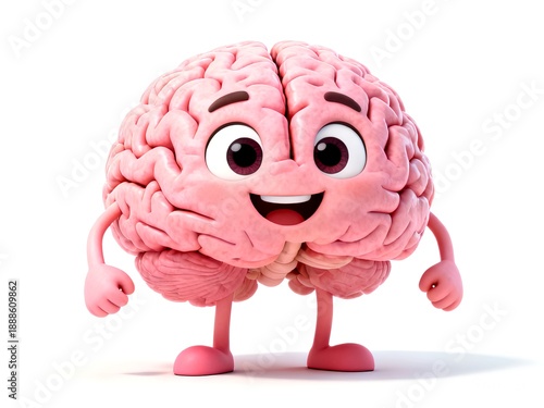 A cheerful pink human brain cartoon character with a friendly smile, eyes, arms, and legs, standing on a white background. Ideal for concepts related to thinking, intelligence, education,Mental health