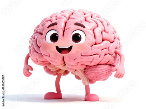 A cheerful 3D rendered cartoon brain character with a big smile, arms, and legs, standing on a white background, representing intelligence, learning, and mental well-being.