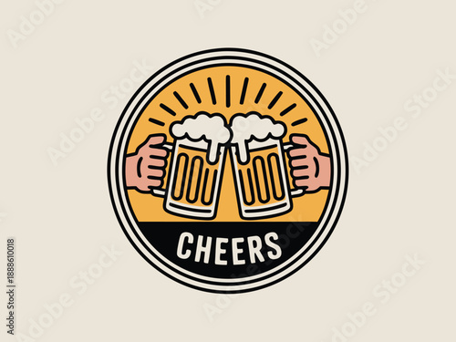 Vintage style emblem featuring two beer mugs clinking in a celebratory toast saying cheers