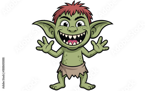 A happy green goblin cartoon character with red hair and pointy ears smiles widely