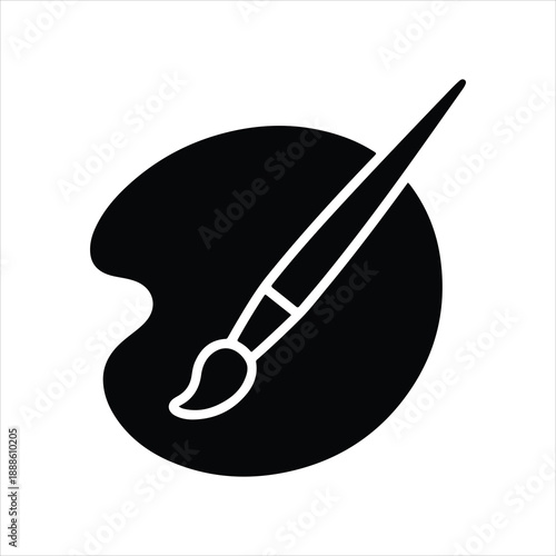 black silhouette icon of artist's paint palette and brush with circular wells, minimal vector ideal for creative, artistic, and design themes black silhouette icon of artist's paint palette and brush.