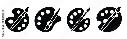 black silhouette icon of artist's paint palette and brush with circular wells, minimal vector ideal for creative, artistic, and design themes black silhouette icon of artist's paint palette and brush.