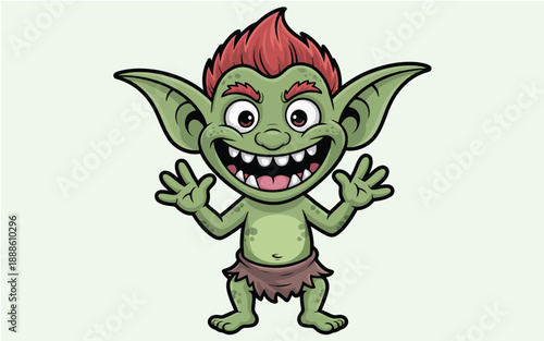 A mischievous green goblin cartoon character with red hair and red eyes grins widely