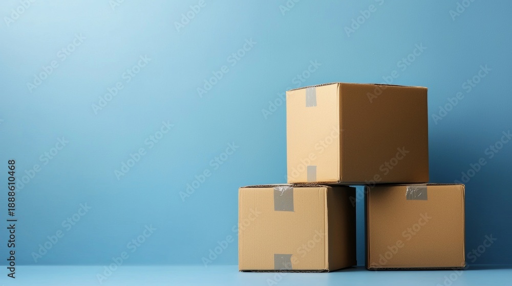 Fototapeta premium Stacked cardboard boxes on a blue background in a warehouse setting during daylight hours