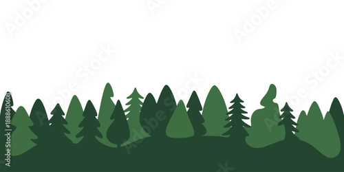 A serene forest landscape silhouette featuring varied evergreen trees and rolling green hills