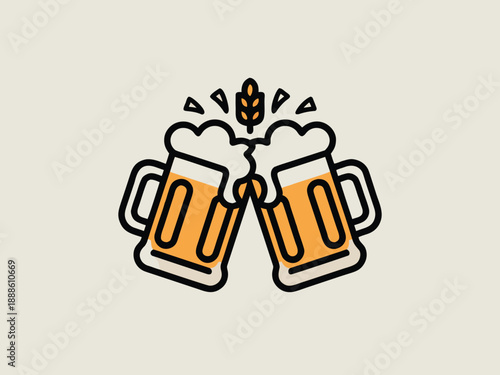 Two mugs of beer clinking together with wheat stalks above a celebratory illustration