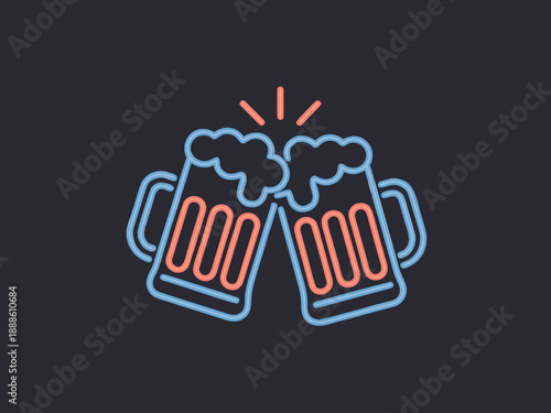 Two beer mugs clinking together a neon style illustration on a dark background