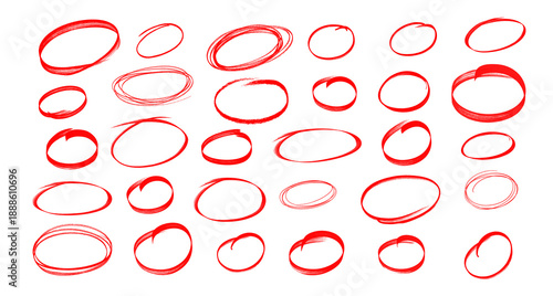 Highlight hand drawing different circles isolated on white background, Handwritten red circle For marking text