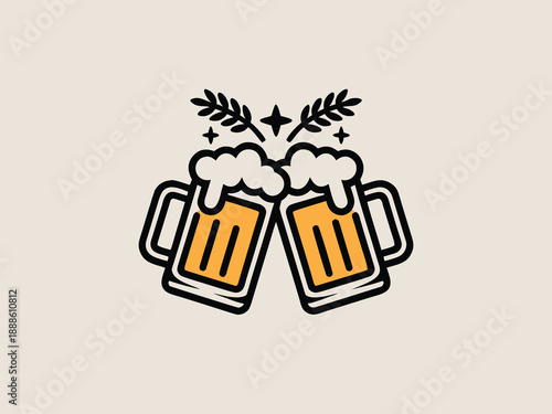 Two mugs of beer clinking together in a celebratory toast adorned with hops