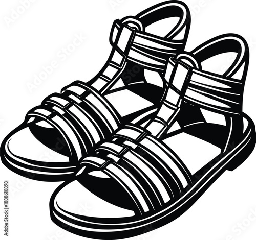 A pair of Roman sandals, depicted in a detailed, black and white line art illustration, are presented against a transparent background. The sandals are the primary focus, positioned slightly off-cente