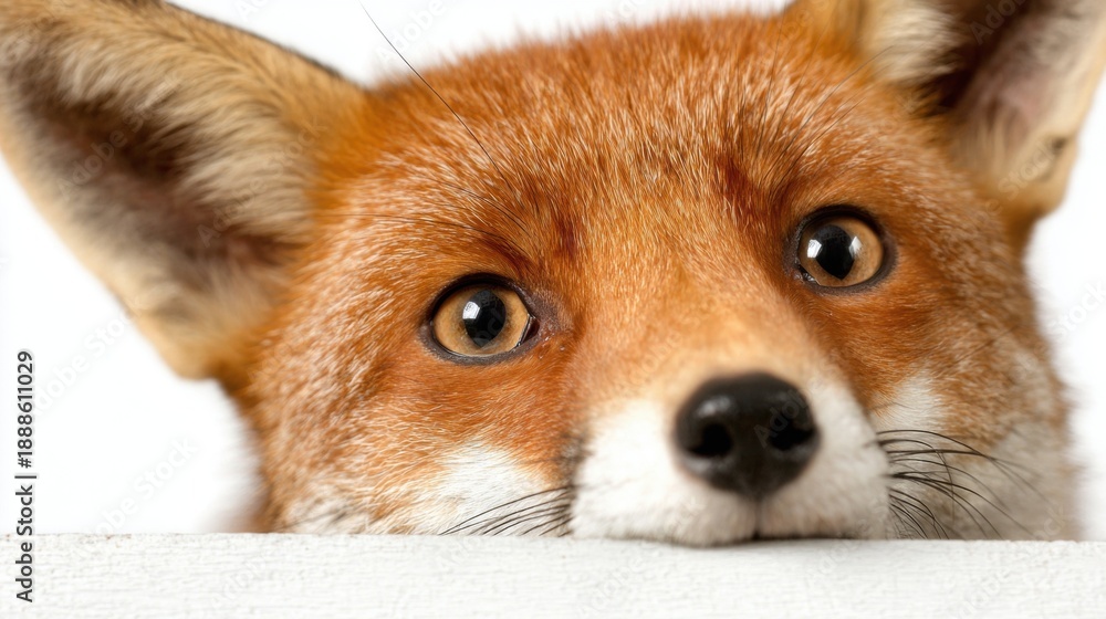 Naklejka premium Close-up view of a fox looking over a white surface in a studio setting