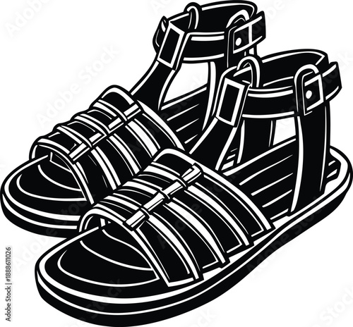 A pair of Roman sandals, depicted in a detailed, black and white line art illustration, are presented against a transparent background. The sandals are the primary focus, positioned slightly off-cente