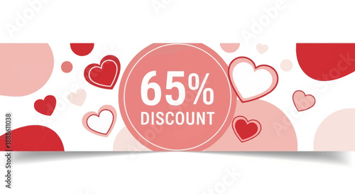 Valentine Sales Banner with 65 Percent Discount Text and Decorative Hearts