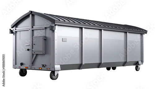 A large, metallic, roll-off container with a curved roof, on wheels, and a dark background