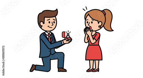 Cartoon Illustration of a Man Proposing with an Engagement Ring to a Surprised Woman
