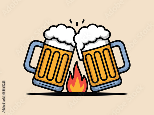 Two overflowing mugs of beer clink together above a small stylized flame