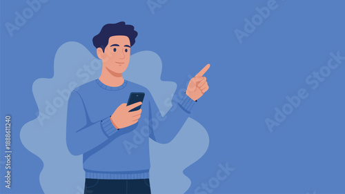 A young man casually holds a smartphone in one hand and points his finger to the right side