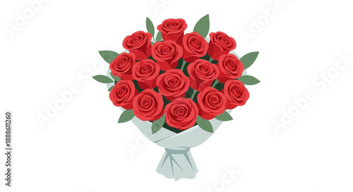 Bouquet of Red Roses in White Gift Wrap Isolated on White Background
