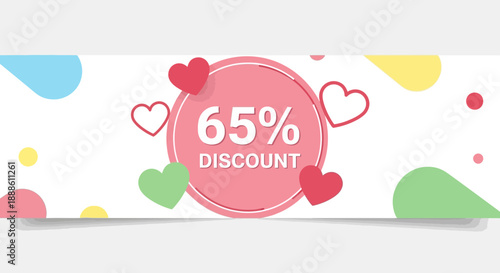 Valentine Sales Banner with 65 Percent Discount Text and Decorative Hearts