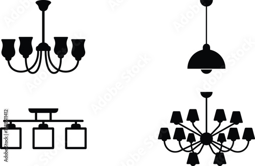 Black chandelier and pendant light silhouettes set featuring modern and classic ceiling lighting fixtures isolated on white background for interior design icons and decorative graphic projects