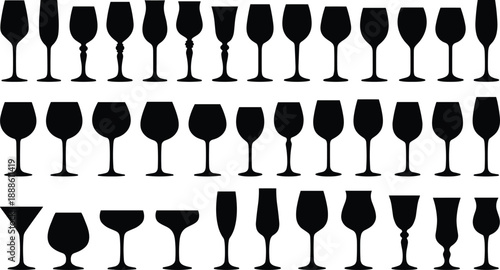 Black drinkware glass silhouettes collection featuring wine, cocktail, champagne and bar glass shapes isolated on white background for beverage icons, hospitality design and graphic projects