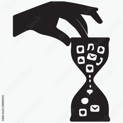 Hourglass Hand Silhouette Vector: Sandglass Filled with App Icons Represents Time Consumption, Screen Habit Concept, Flat Illustration Isolated on White background