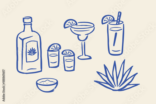 Tequila bottle and cocktails doodle line art vector illustration